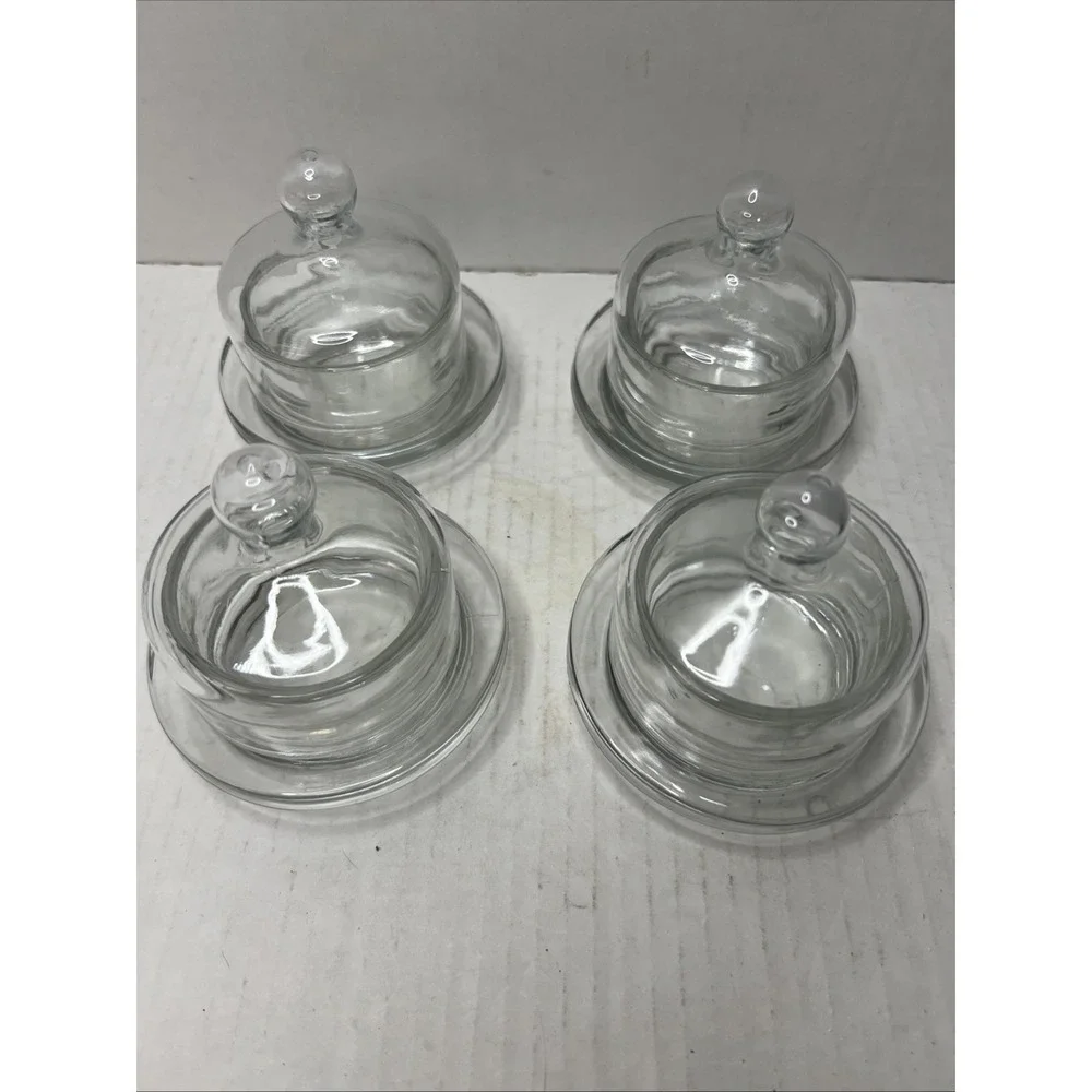 4 Vintage Clear Glass Mini Individual Butter Cloche Covered Dish Single Serve